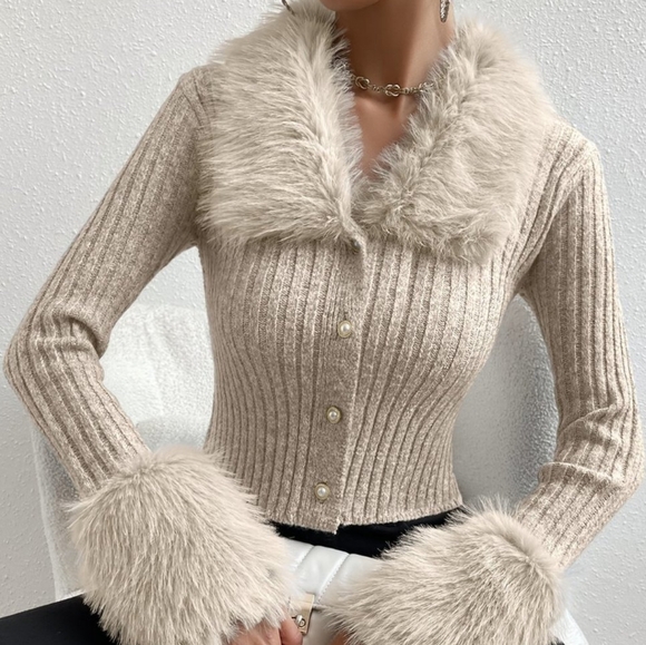 Sweaters - Apricot Preppy Women's Furry Collar Long Sleeve Knitted Ribbed Cardigan